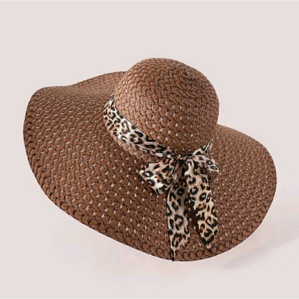 🌼Leopard Ribbon Decor Straw Hat - Picture 1 of 5